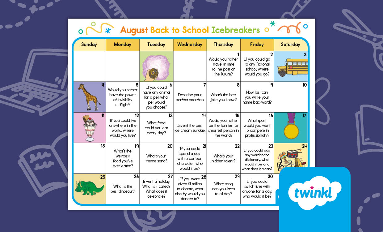 August 2025 Back to School Icebreakers Calendar