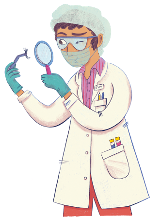 Scientist looks at item through magnifying glass